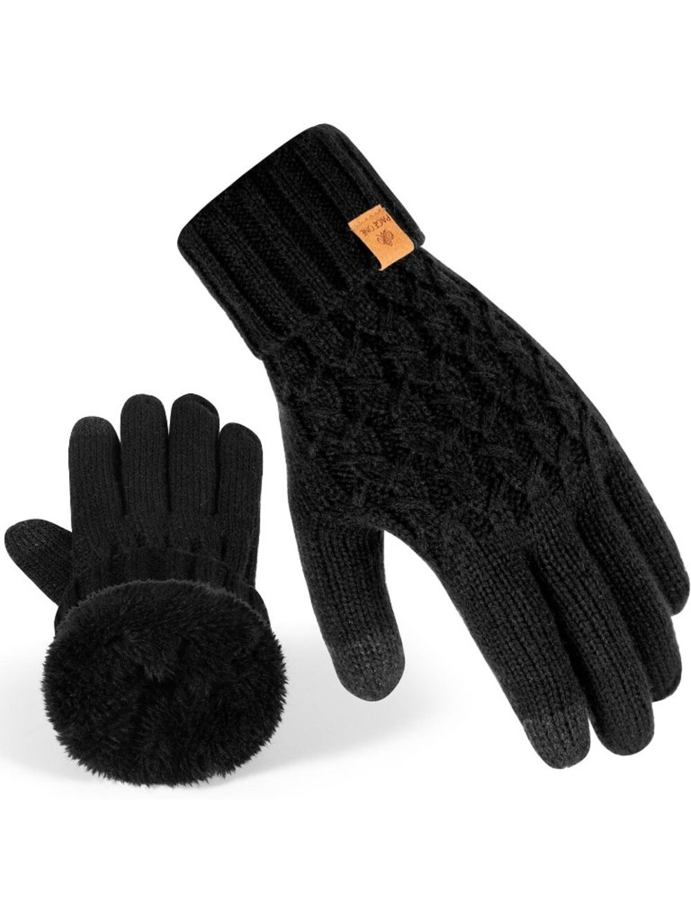 Women's Black Touchscreen Texting Warm Knit Fleece Lined Gloves for Cold Weather